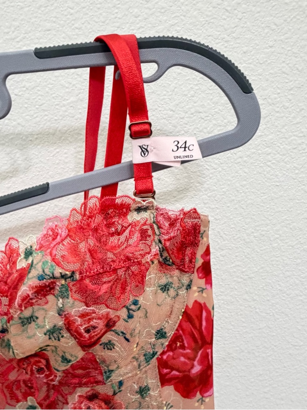 34C VS Dream Angels Tomato Red Embroidered Illuminating Blooms Corset Bra Top - Picture 10 of 14